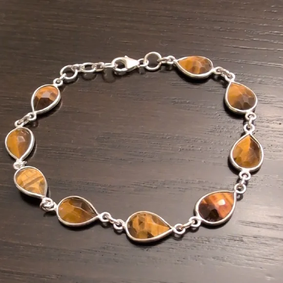 Elegant Sterling Silver and Brown Teardrop Tiger Eyes Bracelet - Picture 3 of 6